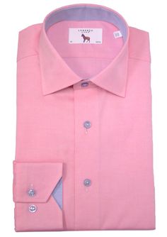 Pink Solid Oxford with Lt. Blue Contrast Trim Fit Dress Shirt Summer Pink Cotton Dress Shirt, Pink Semi-formal Dress Shirt For Spring, Pink Button-up Dress Shirt, Casual Pink Button-up Dress Shirt, Classic Pink Button-up Shirt, Classic Pink Collared Shirt, Pink Button-up Formal Shirt, Pink Button-up Shirt For Formal Occasions, Formal Pink Button-up Dress Shirt