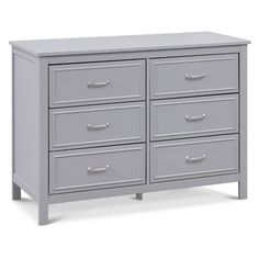 a gray dresser with six drawers and two doors on each side, in front of a white background