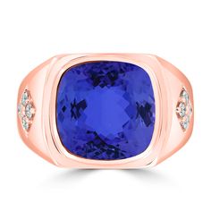 12mm Violetish Blue Tanzanite AAAA Ring Cushion shape 8.5ct with 0.23cttw Diamond in 14K & 18K White Gold, Yellow Gold & Rose Gold. Ring Cushion, Cushion Ring, Tanzanite Ring, 14k Rose Gold Ring, Tanzanite Gemstone