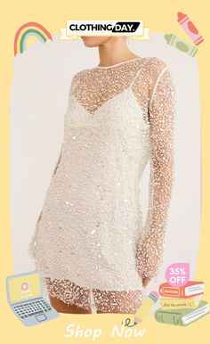 Sparkle and Shine Sequins and Pearls Fabric Mini Dress with Separate Slip Glamorous Summer Dinner Dress, Glamorous Mini Dress With Sheer Sleeves For Wedding, Elegant Mini Dress With Sheer Sleeves For Brunch, Summer Dress With Sheer Sleeves, Summer Mini Dress For Dinner, Dressy Summer Dresses With Sheer Sleeves, Elegant Sheer Mini Dress For Brunch, Sequin Dinner Dress For Spring, White Mini Dress For Fall Wedding