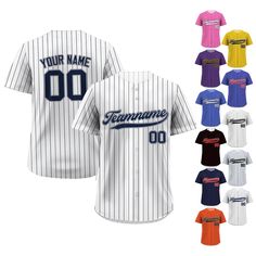 Pinstripe Custom Baseball Jersey is a stylish and functional piece that ensuring a comfortable fit for groups, individuals, couples, teams, or anyone who loves Baseball fashionable and sporty vibe. From casual outings to intense gameplay, this baseball jersey always guarantees both style and performance. If you have any other design ideas, or any changes to the jersey details, simply share an image and we will create a visual representation for you to confirm. ⚾FEATURES - Personalized with your Striped Team Spirit Baseball Jersey For College, Striped Baseball Jersey With Letter Print For Team Spirit, Striped Baseball Jersey With Letter Print, Casual Team-colored Baseball Jersey With Contrast Stripes, Casual Baseball Jersey With Contrast Stripes, Sporty White T-shirt With Signature Stripes, Striped Baseball Jersey With Letter Print For Game Day, Game Day Striped Baseball Jersey With Letter Print, Striped Baseball Jersey With Letter Print And Baseball Collar