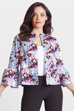 Kenzie completes your look with just the right amount of flirty fun. Both charming and ladylike, this lovely little jacket features sweet flounce details that feel stylishly feminine. The colorful floral print is exciting and refreshing. Style# 137J102 DETAILS Open front with no closure Large flounce sleeves Flounce waist Lightweight Wrinkle resistant CONTENT + CARE 97% Cotton, 3% Spandex Turn garment inside out. Machine wash cold, gentle cycle. Non-chlorine beach. Line dry, warm iron SIZE + FIT Chic Spring Floral Print Outerwear, Chic Spring Outerwear With Floral Print, Chic Floral Print Outerwear For Spring, Blue Ruffled Outerwear For Spring, Spring Party Outerwear With Floral Print, Chic Floral Print Outerwear For Brunch, Summer Floral Print Red Outerwear, Floral Print Outerwear For Party, Floral Print Party Outerwear