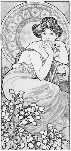 a black and white drawing of a woman laying on a bed with flowers in the foreground