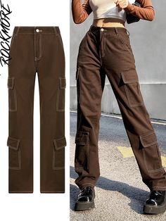 Rockmore Brown Vintage Baggy Jeans Women 90s Streetwear Pockets Wide Leg Cargo Pants Low Waist Straight Denim Trousers Pants Low Waist, Baggy Jeans Women, Vintage Baggy Jeans, Jeans Korean, Women 90s, Wide Leg Cargo Pants, Brown Denim, Jeans Cargo, Y2k Jeans