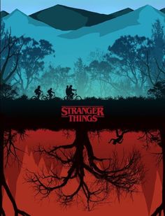 a movie poster for the film strange things with trees and people on bikes in the background