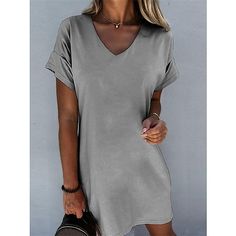 Season:Summer,Spring; Fabric:Spandex; Sleeve Length:Short Sleeve; Look After Me:Machine wash; Gender:Women's; Style:Active,Fashion,Modern; Elasticity:Micro-elastic; Occasion:Vacation,Daily,Going out,Outdoor,Weekend; Fit Type:Loose Fit; Dresses Type:Plain Dress,Shirt Dress,Loose Dress,White Dress,Summer Dress,T Shirt Dress Tee Dress; Pattern:Plain; Design:Loose; Neckline:V Neck; Front page:FF; Listing Date:02/17/2023; 2024 Trends:2023; Bust:; Length:; Shoulder Width:; Fit US Size:; Fit UK Size:; Vestidos T Shirt, Loose Summer Dress, V Neck Mini Dress, Dress T Shirt, Plain Dress, Tee Shirt Dress, Mini Dress Casual, Chic Outfit, Necklines For Dresses