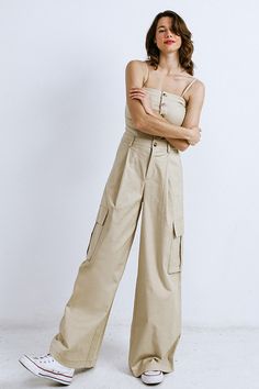 Utility Jumpsuits And Rompers With Adjustable Straps For Spring, Chic Jumpsuits And Rompers With Suspenders For Work, Chic Jumpsuit With Suspenders For Work, Chic Workwear Jumpsuits And Rompers With Suspenders, Cotton Strapless Jumpsuit With Pockets For Spring, Chic Overalls With Pockets, Summer Workwear Jumpsuits And Rompers With Adjustable Straps, Summer Wide Leg Jumpsuit With Button Closure, Spring Strapless Wide Leg Jumpsuit With Pockets