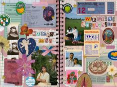 a page in a scrapbook with many pictures and words on it, including people