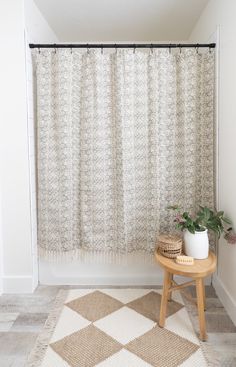 a bathroom with a rug, potted plant and shower curtain