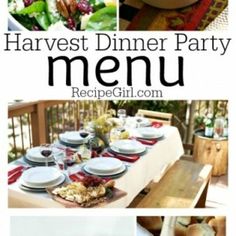 a collage of pictures showing different types of food and drinks on the table with text that reads harvest dinner party menu