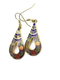 Gorgeous collectible purple with flower cloisonne, cloisonné hoop earrings Meenakari Earrings For Gift, Meenakari Earrings As Gift, Vintage Purple Teardrop Earrings, Multicolor Teardrop Enamel Jewelry, Multicolor Enamel Teardrop Jewelry, Traditional Purple Drop Earrings, Inlay Drop Earrings Jewelry Gift, Hand Painted Jewelry For Festivals, Drop Earrings With Inlay As Gift