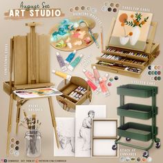 an artist's studio with lots of art supplies and accessories on display in it