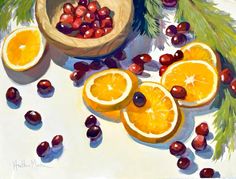 an oil painting of oranges and cranberries on a white table with pine branches