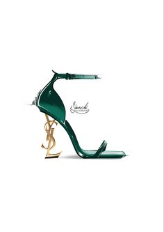 a pair of green high heeled shoes with gold ankle strap and monogrammed logo