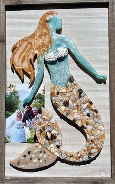 an altered photograph of a mermaid with shells on it