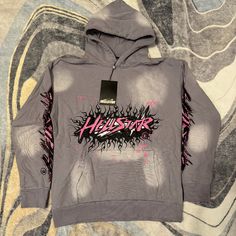 Hellstar Flames Gray And Pink Logo Hoodie Men’s Size Large Winter Pink Sweatshirt With Logo Print, Pink Long Sleeve Hoodie With Logo Print, Urban Pink Hoodie For Streetwear, Pink Logo Print Sweatshirt For Streetwear, Pink Winter Hoodie With Logo Print, Winter Pink Hoodie With Logo Print, Casual Pink Hoodie With Logo Print, Urban Pink Hoodie With Letter Print, Urban Hoodie With Graphic Print In Pink