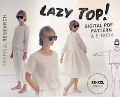 an image of a woman in white clothing and sunglasses with the words lazy top on it