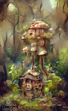 a digital painting of a mushroom house in the woods