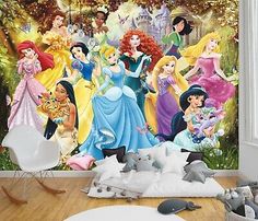 the disney princess wallpaper mural in a children's room