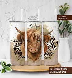 three personalized tumbles with an image of a cow on the front and side