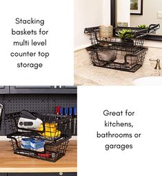 kitchen storage baskets for the counter top and under sink drawers with text reading stacking baskets for multi level counter top storage great for kitchens, bathrooms or garages