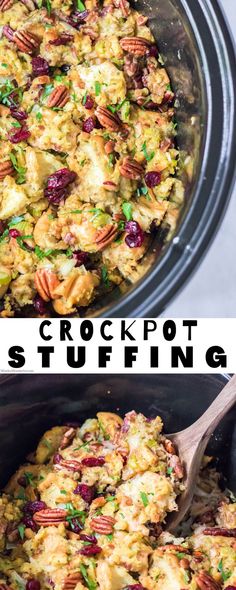 crockpot stuffing in a slow cooker with text overlay