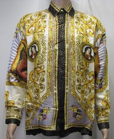 "One of the kind this Beautiful Our Lady of Guadalupe/Virgen Maria silk shirt, Baroque Fashion, Religious Style inspired,Multicolored Metallic Silk with Hidden gold finish buttons,White gold . Excellent condition with Tags: Men's Size Small and L Let me know if you need more information I have some sizes available Thanks ########################################################################### Measurements: Please refer to measurement to determine the right fit. All measurements are taken with Versace Style, Our Lady Of Guadalupe, Baroque Style, Baroque Fashion, Style Shirt, Silk Shirt, Our Lady, Shirt Style, Versace