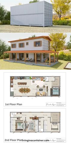 two story house plans with floor plans and measurements for each room, including the living area