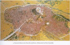 an aerial view of a city surrounded by trees