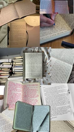 many different pictures of books and papers on a table with writing utensils in them