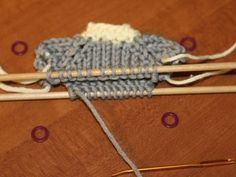 the knitting needles are next to an object with yarn on it