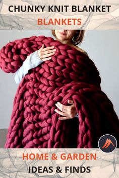 a woman wrapped in a large chunky blanket with the text home & garden essentials