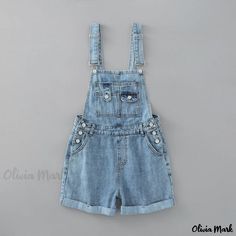 Olivia Mark - Stylish High-Waisted Loose Fit Denim Jumpsuit with Multiple Pockets and Rolled Hem Casual Blue Overalls With Button Closure, Casual High Waist Denim Overalls, Casual Blue Overalls With Buttons, Casual High-waisted Shortalls With Pockets, High Waist Denim Blue Overalls With Button Closure, High-waisted Denim Overalls With Pockets, High Waist Denim Overalls With Pockets, Medium Wash Overalls With Buttons, Medium Wash Buttoned Overalls