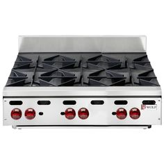 a stainless steel stove top with six burners and four red knobs on each side