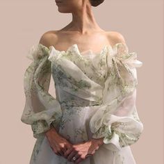 Spring Off-shoulder Organza Dress, Green Organza Dress For Spring, Green Organza Dress For Garden Party, Spring Green Organza Dress, Green Long Sleeve Organza Dress, Green Long-sleeve Organza Dress, Feminine Green Wedding Dress, Green Organza Dress, Casual Dress Patterns