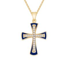 Love innovation? Looking for the new trend? We've taken fine jewelry and combined in with the art of enamel to produce eye popping pieces, adding much needed flavor to the traditional ways of jewelry. What are you waiting for? Differentiate yourself with this one of kind Diamond Cross with Blue Enamel! Metal: 14k Solid Yellow / White / Rose Gold Pendant Size: Height - 26.6 mm | Width - 16.6 mm Enamel Color: Blue Stone Information Pieces | Total Carat Weight (TCW): Large: 20 1.0mm Diamonds | TCW: .08 cts Chain Information Type: Rolo Chain Weight: 1 g Clasp: Spring Ring All Pome Jewelry is Manufactured in the USA. This ensures the highest level of craftsmanship and exquisite quality. We love to hear from our customers, your reviews are always much appreciated! Thank you! We offer lots of pro Blue Jewelry With Black Enamel For Formal Occasions, Blue Enamel Jewelry With Polished Finish, Hallmarked Enamel Fine Jewelry, Blue Enamel Pendant Jewelry, Blue Enamel Necklace With Polished Finish, Diamond Cross Necklace, Diamond Cross Pendants, Rose Gold Pendant, Diamond Cross