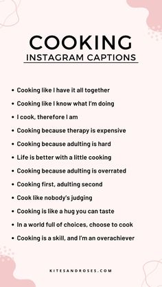 the cooking instagram caption is shown in pink and white with black lettering on it