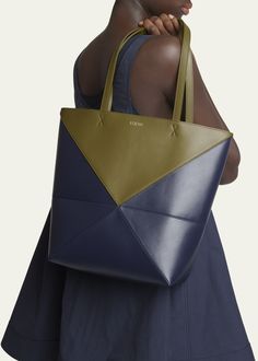 Loewe Puzzle Fold Medium Tote Bag in Shiny Bicolor Leather Geometric Leather Travel Bag, Luxury Geometric Shoulder Bag For Everyday Use, Geometric Leather Travel Shoulder Bag, Geometric Leather Shoulder Bag For Travel, White Paper Craft, Loewe Tote Bag, Loewe Tote, Puzzle Pattern, Loewe Puzzle