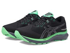 ASICS GEL-Cumulus(r) 24 Lite-Show - Men's Shoes : Black/New Leaf : Run for your next marathon donning the ultra-comfy ASICS GEL-Cumulus 24 Lite-Show sneakers featuring reflective details that are strategically positioned to improve visibility when running in low-light settings. Textile and synthetic upper. Breathable textile lining and insole. FLYTEFOAM BLAST cushioning keeps the shoe lightweight while creating a softer touchdown and a more energized toe-off. Lace-up closure. Padded collar and t New Balance Running Shoes With Reflective Details, Green Running Shoes With Reflective Details For Sports, New Balance Sporty Running Shoes With Reflective Details, Sporty New Balance Running Shoes With Reflective Details, Reflective Low-top Trail Running Shoes, Athleisure Running Shoes With Reflective Details, Dynamic Running Shoes With Reflective Details For Trail, Functional Running Shoes With Reflective Details For Jogging, Sporty Trail Running Shoes With Reflective Details