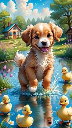 a dog is standing in the water surrounded by ducks