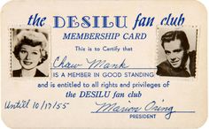 an old photo of two people in front of a blue and white card with the words destiu fan club on it