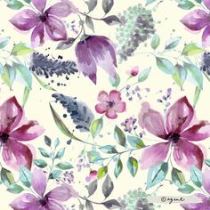 a watercolor painting of purple flowers and green leaves