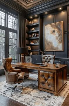 an elegant home office with large windows, leather chairs and a desk in the center