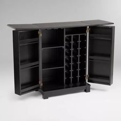 a black cabinet with two open doors and shelves on both sides, in front of a white background