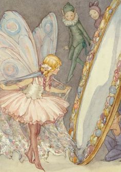 the fairy is looking at her reflection in the mirror