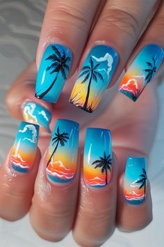 Get swept away by the cool ocean breeze with these soothing blue and orange summer nails. Featuring a playful mix of colors and palm tree silhouettes, they're a must-have for your june nails makeover. Discover more at nailhow.com. Palm Tree Nail Designs Beach, Palm Tree Nails Design Summer, Mens Toenails, Palm Tree Nails Design, June Nails Ideas 2024, June Nail Art, Orange Summer Nails, Wavy Nails, Palm Tree Nail Art