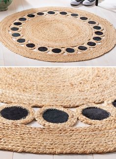 the rug is made from jute and has black circles on it, as well as two