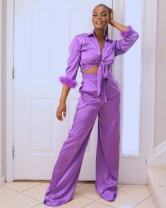 Two piece set Crop top Collar Long sleeve Self tie closure Pockets High waisted pants Button zipper closure Tall Girl Friendly Model is wearing a small Satin Pant, Pool Party Outfits, Satin Pants, Simple Dress, Party Outfits, Tall Girl, Pant Set, Two Piece Set, Two Piece Sets