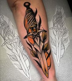 an orange and black feather tattoo on the leg