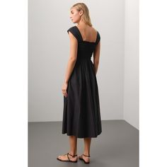 Black (55% Lyocell, 45% Cotton). Casual dress. Cap sleeves. Square neck. Pull-on closure. 50" from shoulder to hemline. Imported. Black Summer Midi Dress With Gathered Neckline, Black Midi Dress With Gathered Neckline For Summer, Black Smock Midi Dress For Summer, Black Spring Dresses With Elastic Shoulders, Black Dresses With Elastic Shoulders For Spring, Cotton Casual Dress, Rent The Runway, Striped Cardigan, Flowy Skirt